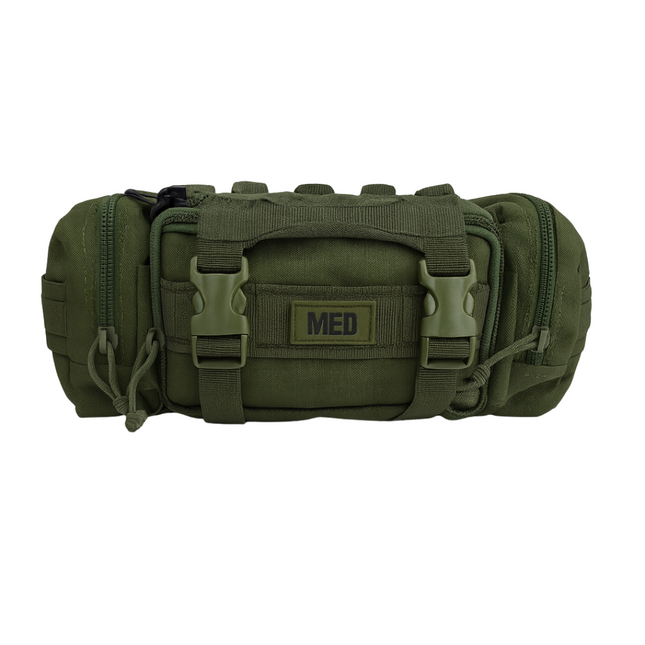 Rapid Response Trauma kit in olive green with MOLLE-compatible design for bleeding control essentials.