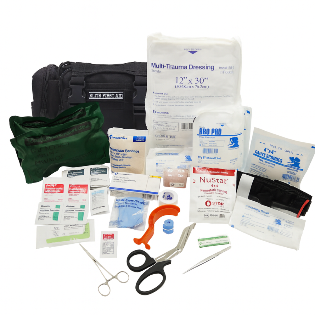 Rapid Response Trauma Kit contents including trauma dressings, bandages, and medical tools for bleeding control.
