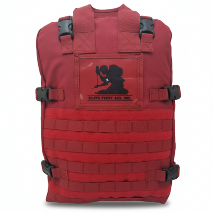 STOMP Medical Backpack in red color, featuring MOLLE webbing and tactical design for emergency response.