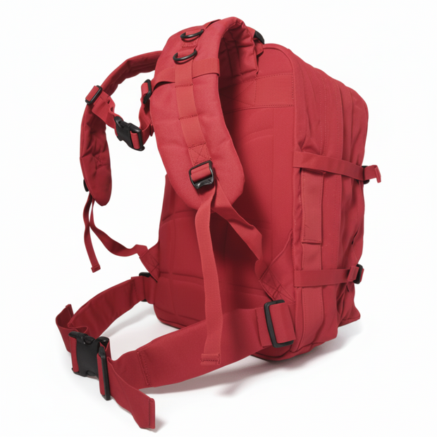 STOMP Medical Backpack in red, featuring MOLLE-compatible design and adjustable straps for medical supplies.
