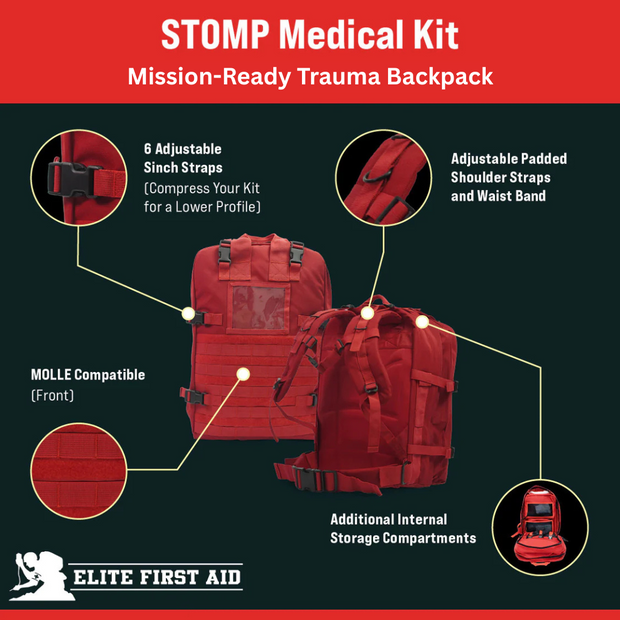 STOMP Medical Backpack features adjustable straps, MOLLE compatibility, and internal storage compartments for medical supplies.