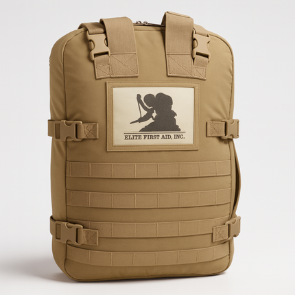 STOMP Medical Backpack in tan color, rugged design with MOLLE straps, ideal for emergency responders.