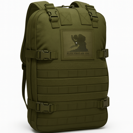 STOMP Medical Backpack in olive green, featuring MOLLE straps and a professional first aid logo.