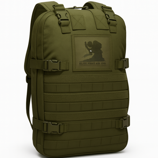 STOMP Medical Backpack in olive green, featuring MOLLE straps and a professional first aid logo.