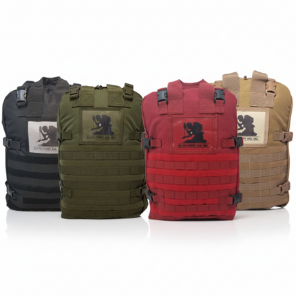 STOMP Medical Backpack in four colors: black, green, red, and tan, designed for emergency response.