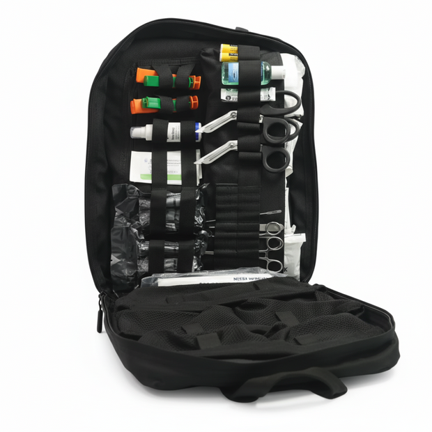 Inside view of the STOMP Medical Backpack, showcasing organized medical supplies and tools for emergency response.