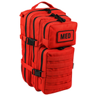 Tactical trauma backpack in bright red color with multiple compartments for medical gear and emergency response equipment.