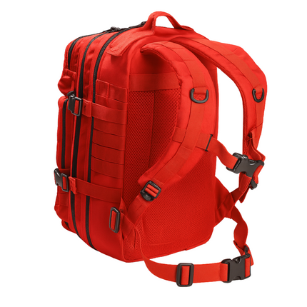Tactical trauma backpack in red with adjustable straps and multiple pockets for emergency gear organization.