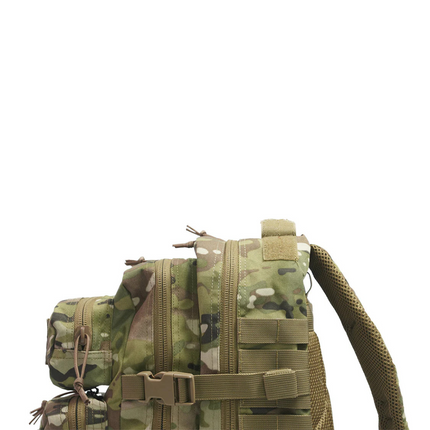 Tactical trauma backpack with camo design and multiple storage compartments for emergency gear.