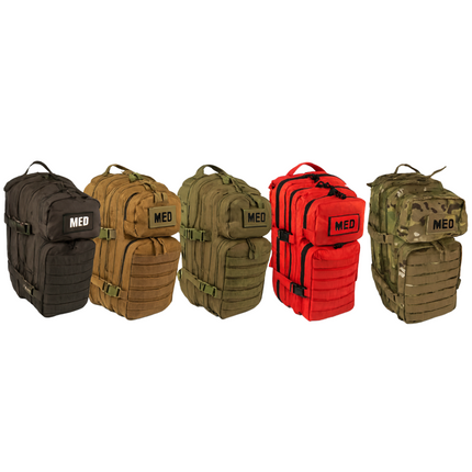 Tactical trauma backpack collection featuring various colors for emergency medical response.