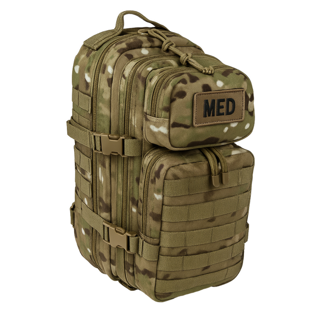 Tactical trauma backpack in camouflage design with organized compartments for emergency medical gear.