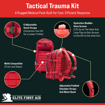 Tactical Trauma Backpack features adjustable straps, hydration access, and Molle compatibility for emergency medical response.