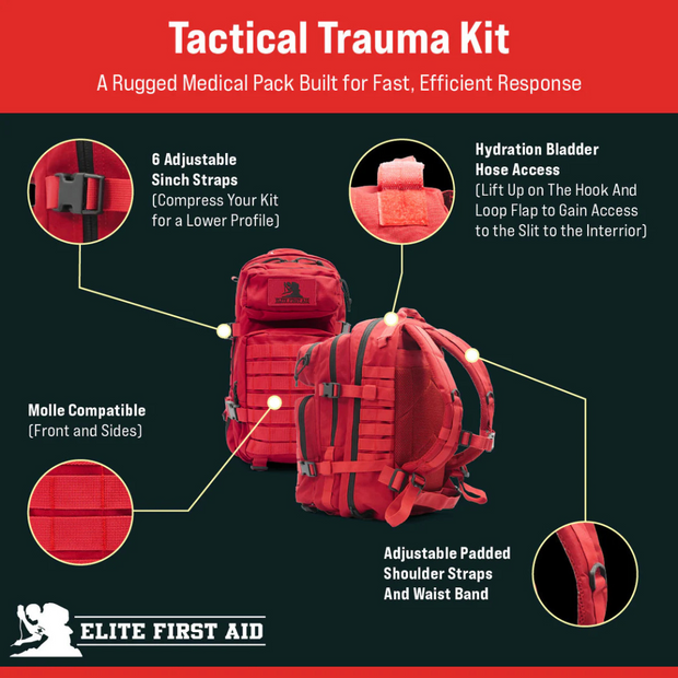 Tactical Trauma Backpack features adjustable straps, hydration access, and Molle compatibility for emergency medical response.