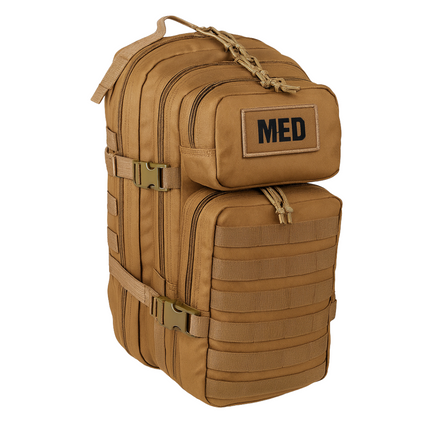 Tactical trauma backpack in tan color featuring multiple compartments for medical supplies and bleeding control gear.
