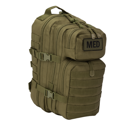 Tactical trauma backpack in olive green with multiple compartments for medical supplies and bleeding control gear.