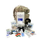 Tactical trauma backpack packed with bleeding control gear, airway management tools, and diagnostic equipment.