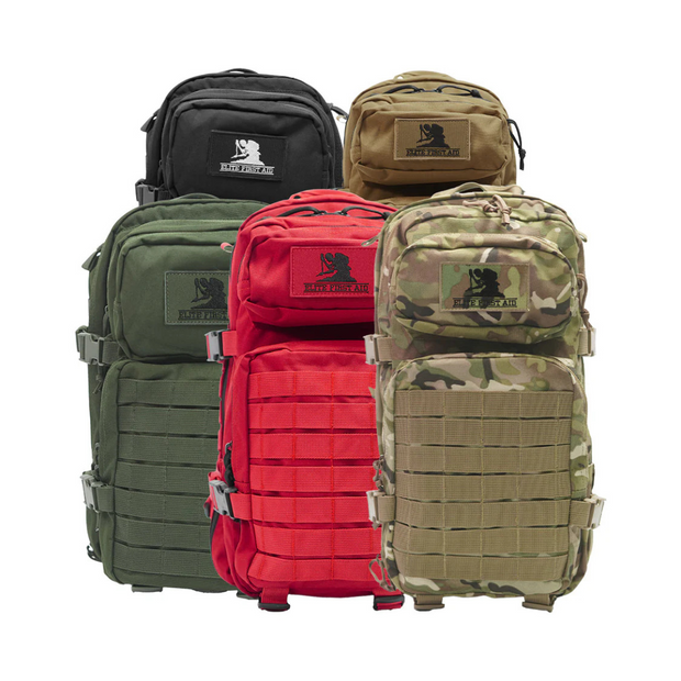 Variety of tactical trauma backpacks in black, green, red, and camo patterns for emergency responders.