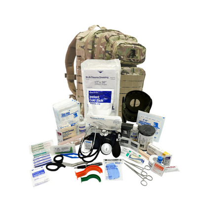 First aid kit with medical supplies and a camouflage backpack on a white background