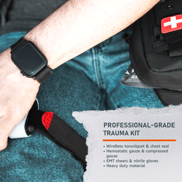 On-Hand First Aid Kit accessories including windlass tourniquet, hemostatic gauze, EMT shears, and chest seal.