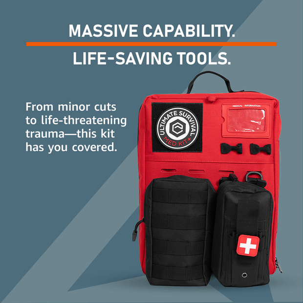 Red Ultimate Survival Med Kit displaying trauma supplies and first-aid tools for various emergencies.