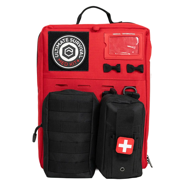Ultimate Survival Med Kit featuring trauma gear, compact design, for 4-person first aid emergencies.
