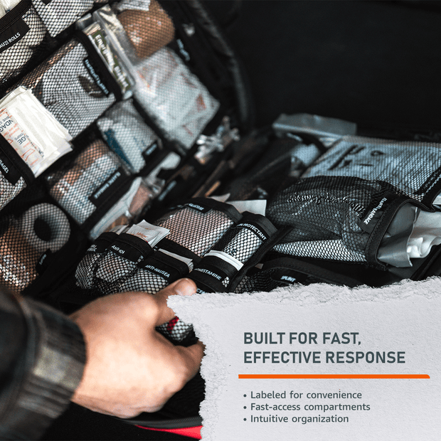 Person accessing organized compartments of the Ultimate Survival Med Kit for quick and effective first aid response.