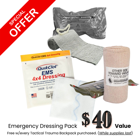 Emergency dressing pack including various trauma supplies offered free with every Tactical Trauma Backpack purchased.