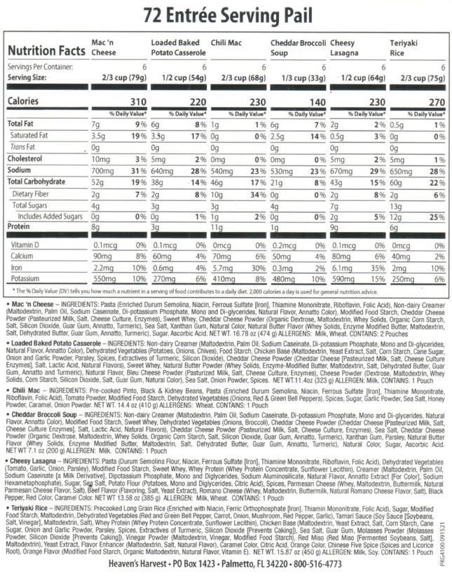 Nutrition facts for 72 serving Entree Pail including Mac 'n Cheese, Chili Mac, and Cheesy Lasagna.