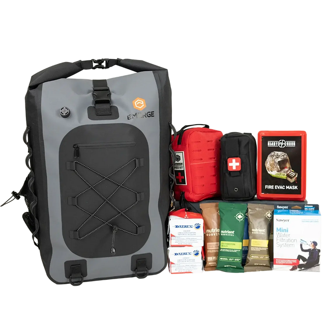 The Emerge Evacuation Bag featuring survival gear and emergency supplies for effective evacuation readiness.