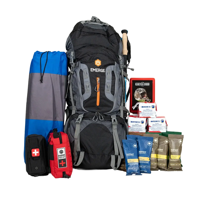 Evacuation Pro Bag featuring survival gear: backpack, first aid kit, tent, and emergency food supplies.