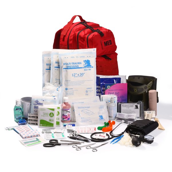 Flat lay of the EFA Tactical Trauma Kit – Advanced with military-grade components including a tourniquet, chest seals, trauma shears, hemostatic gauze, and compressed gauze. Displayed in a rugged MOLLE-compatible pouch, ideal for tactical responders, law enforcement, preppers, and military use. Emergency trauma care gear designed for the Golden Hour.