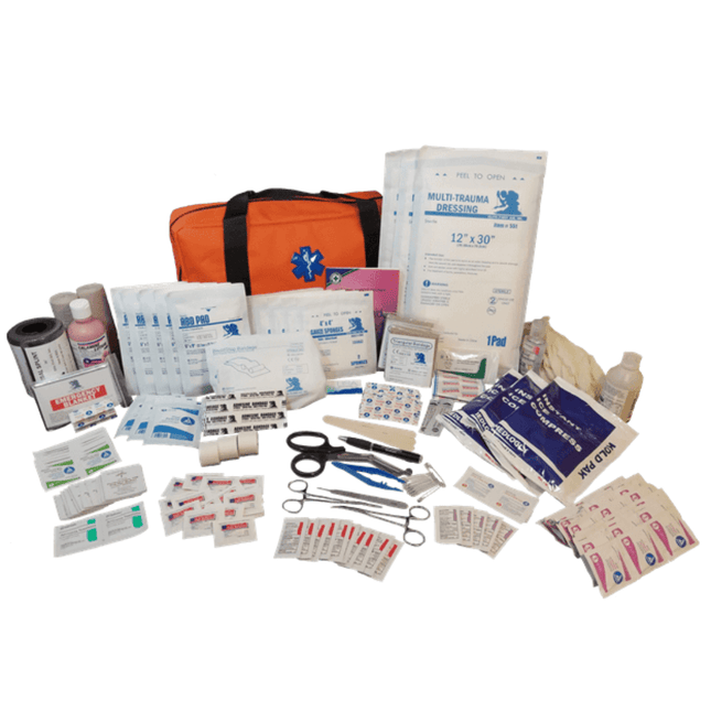 First aid kit with various medical supplies on a white background