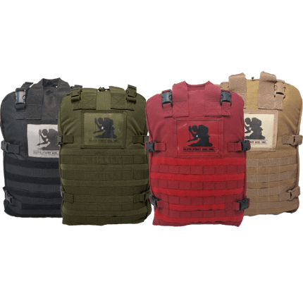 Four STOMP Complete Trauma Backpacks in black, green, red, and tan, featuring first aid trauma kits with tourniquet and hemostatics.
