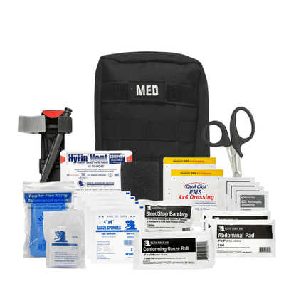 Tactical IFAK Pro w/TQ & Chest Seals kit with tourniquet and assorted first aid supplies.