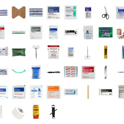 Collection of medical supplies including bandages, scissors, and other first aid items on a white background.