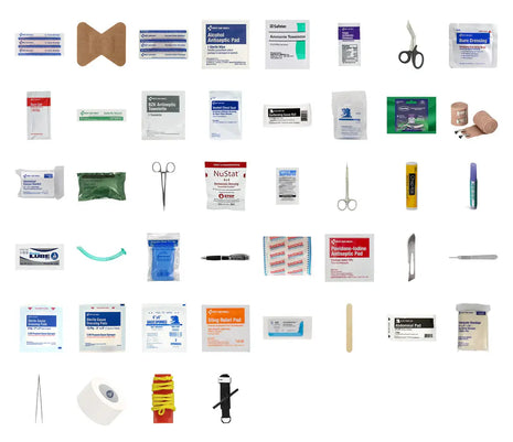 Collection of medical supplies including bandages, scissors, and other first aid items on a white background.