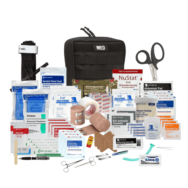First aid kit with various medical supplies on a white background