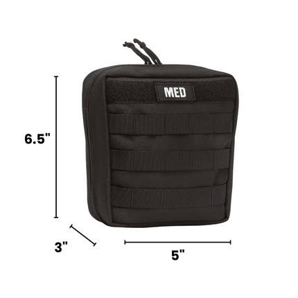 Black medical pouch with dimensions labeled on a white background