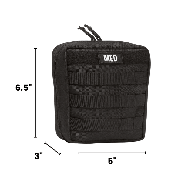Black medical pouch with dimensions labeled on a white background