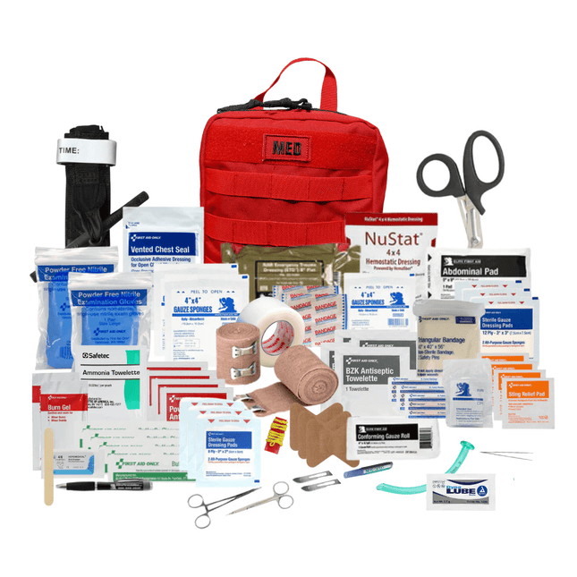 First aid kit with various medical supplies on a white background