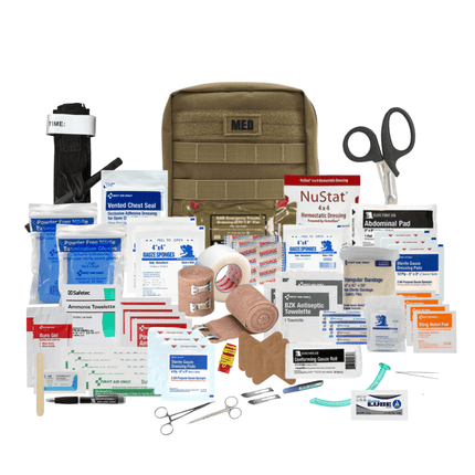First aid kit with various medical supplies on a white background