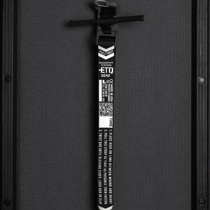 Snakestaff Systems ETQ™ Gen 2 compact tourniquet displayed against a dark background.