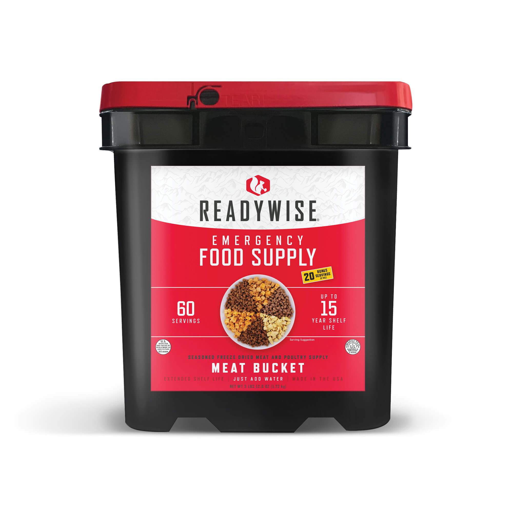 60-Serving Freeze-Dried Meat Bucket + 20 Servings of Rice – Long-Term Emergency Food Supply