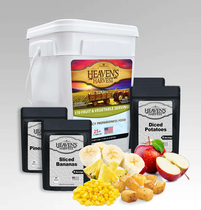 Emergency survival food kit featuring freeze-dried fruits and vegetables, 170 servings for one person.