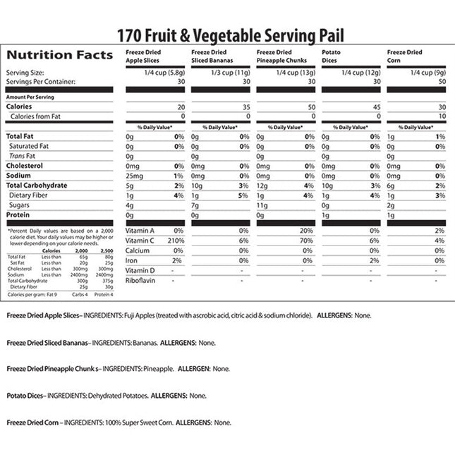 Fruit & Vegetable Bucket - 1 Person 1 Month - 170 servings - Emergency Survival Food Kit