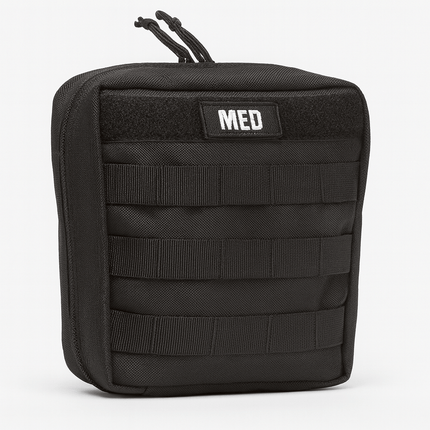 Black tactical medical pouch with 'MED' label on a white background
