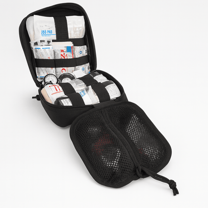 Black first aid kit with medical supplies on a white background