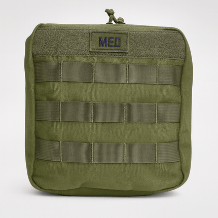 Green tactical pouch with multiple straps and 'MED' label on a white background
