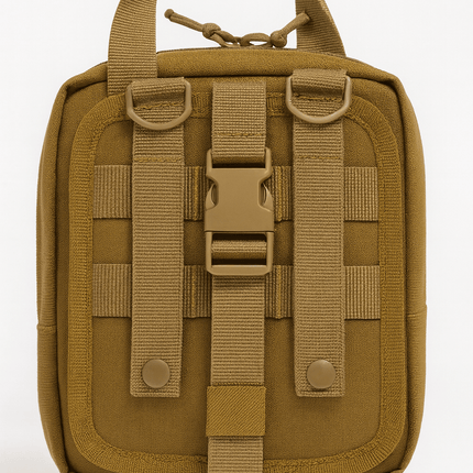 Tan tactical pouch with multiple straps on a white background