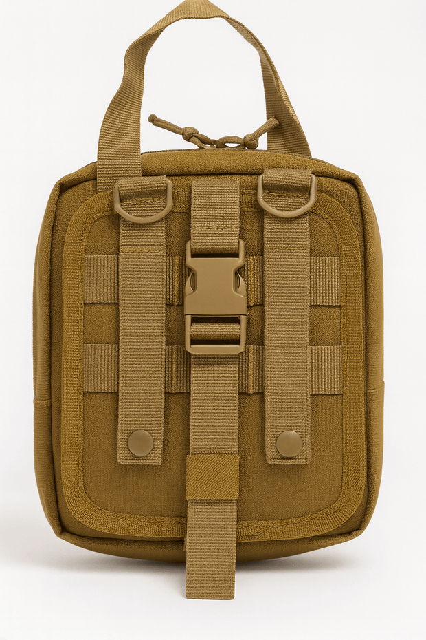 Tan tactical pouch with multiple straps on a white background